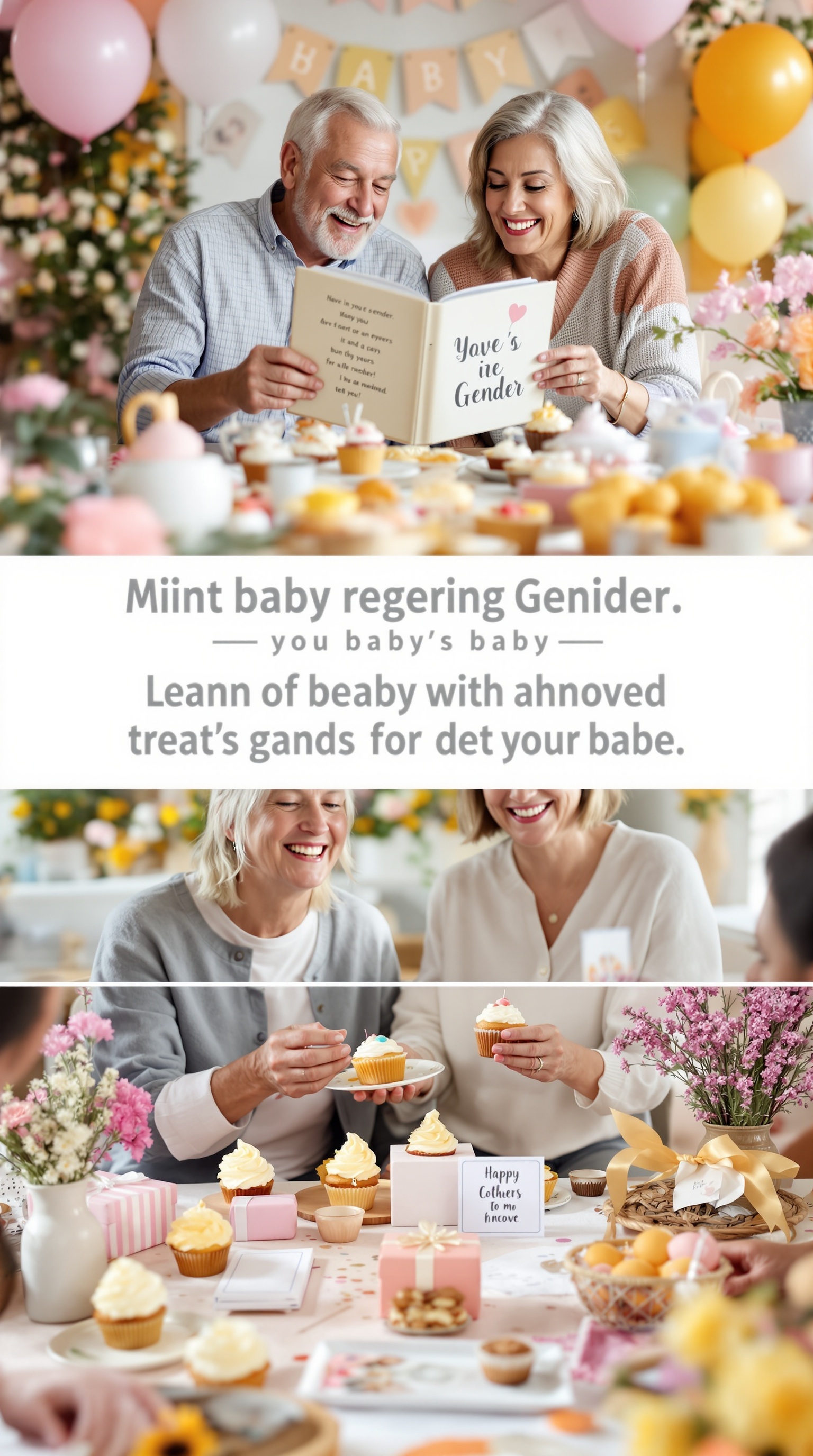 Grandparents joyfully reading a personalized storybook during a gender reveal party, surrounded by cupcakes and decorations.
