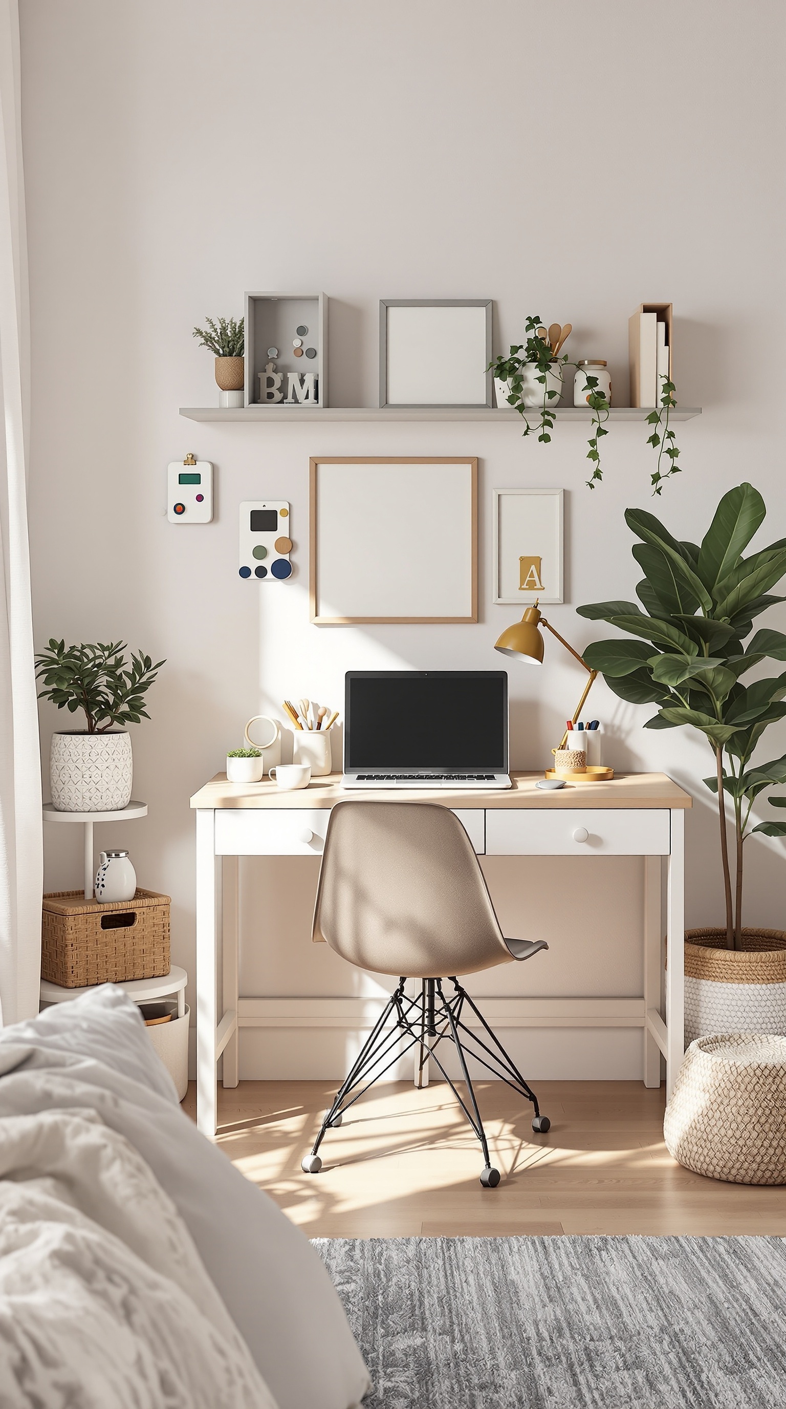 A stylish and organized kids study area featuring a desk, laptop, plants, and decorative wall elements.