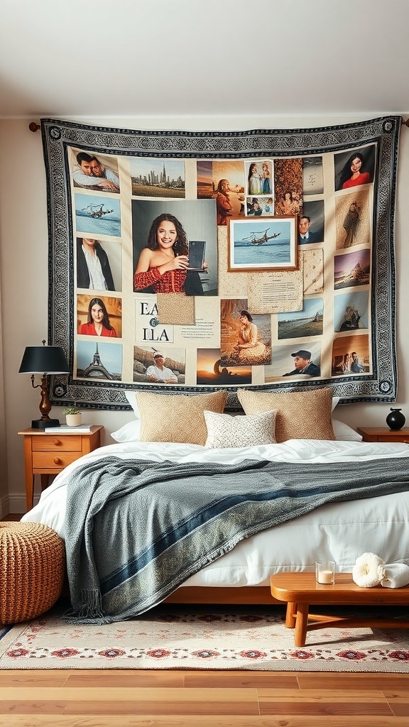 A personalized tapestry with a collage of photos hanging above a bed in a cozy bedroom.