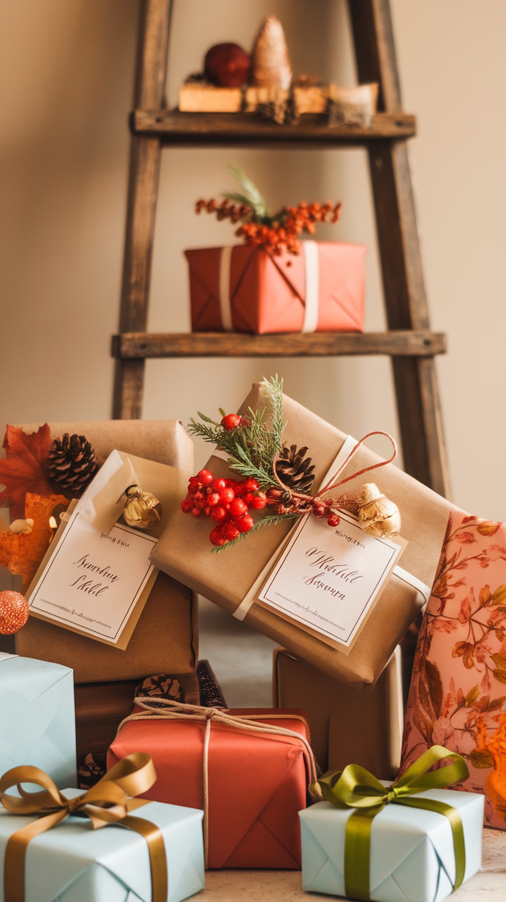 Beautifully wrapped personalized Thanksgiving gifts with festive decorations.