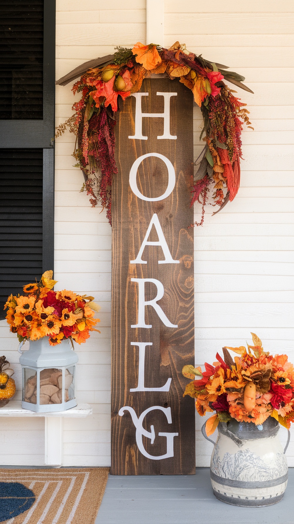 A personalized wooden Thanksgiving sign surrounded by autumn foliage and flowers on a porch.