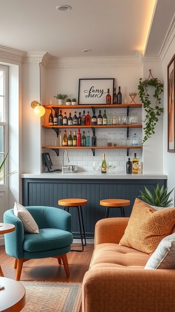 A cozy tiny bar setup featuring a variety of spirits on shelves, with teal and orange furniture.