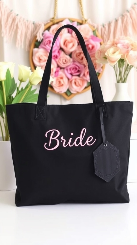 Stylish black tote bag with 'Bride' written in pink, perfect for bridal shower prizes.