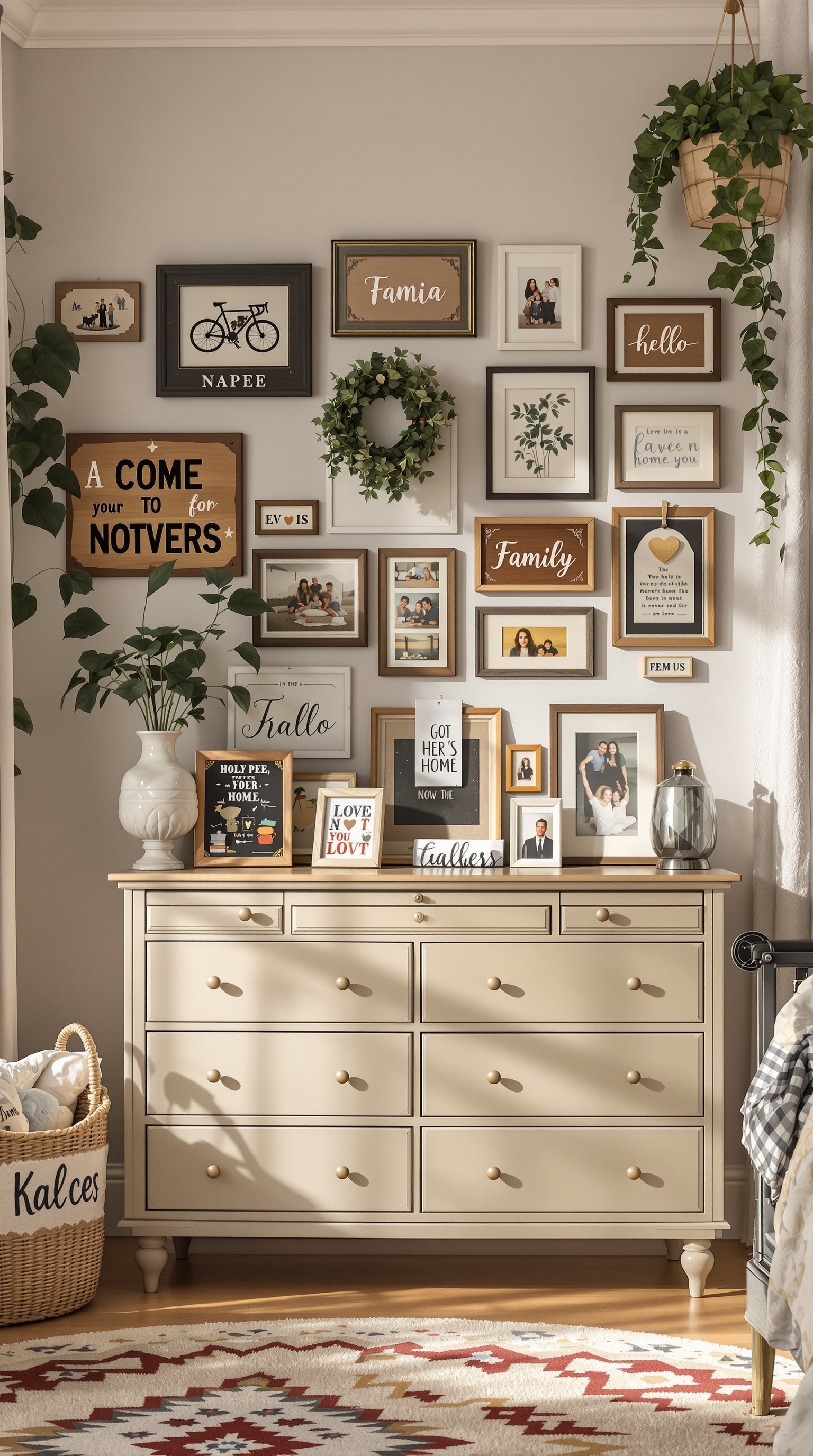 A vintage kids' room with a dresser displaying framed photos and decorative signs, surrounded by plants and a cozy rug.