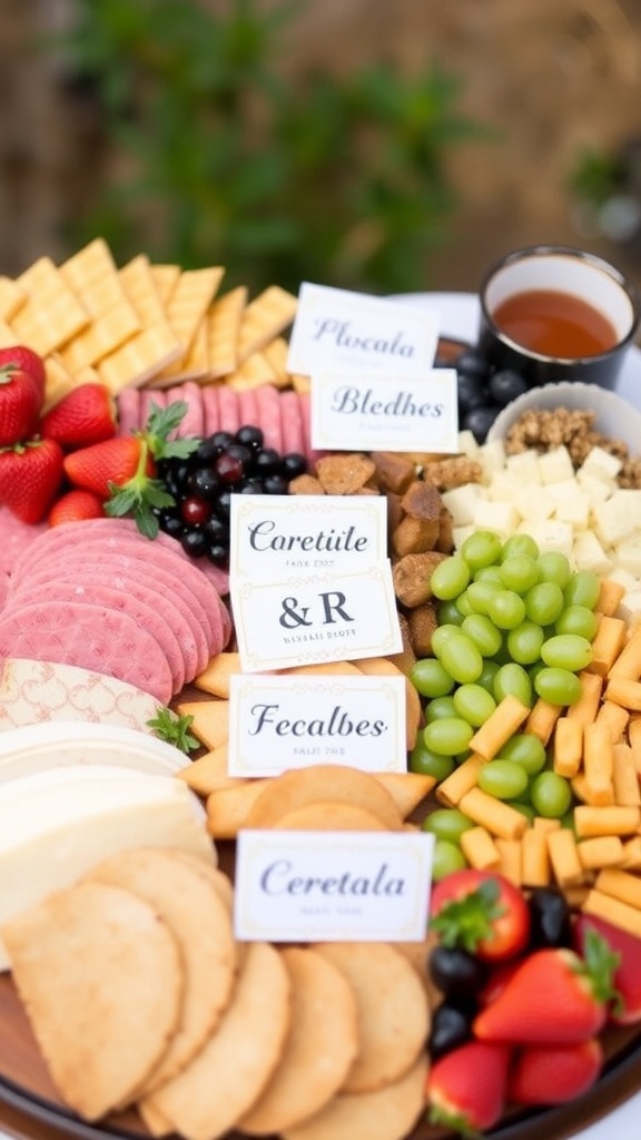 A beautiful bridal shower charcuterie board featuring assorted cheeses, meats, fruits, and stylish labels.
