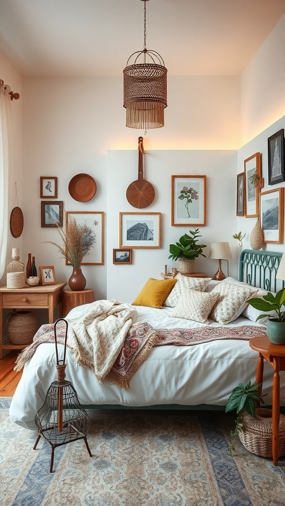 A cozy romantic boho bedroom featuring layered textiles, wall art, and plants.