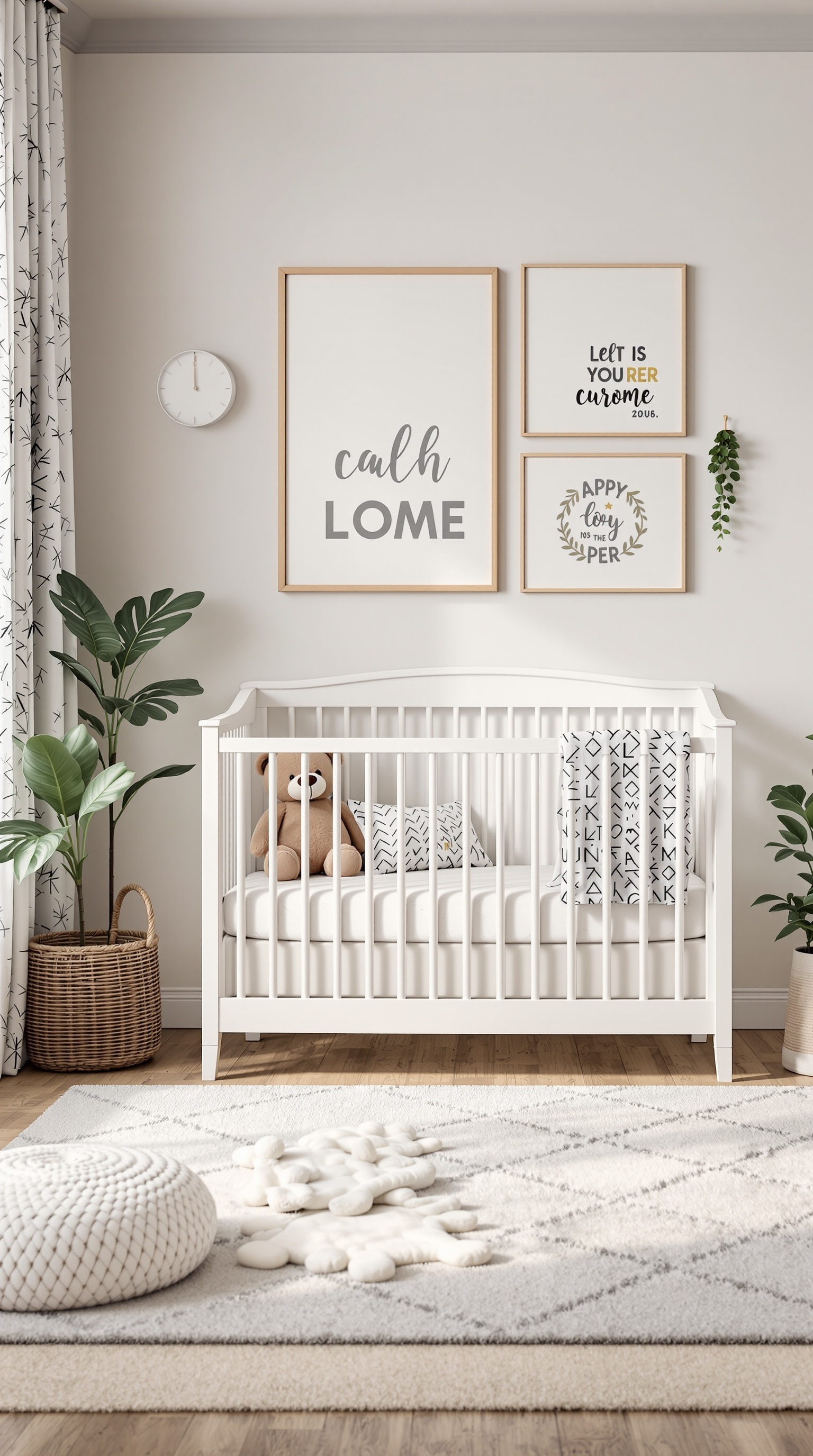 A cozy baby room featuring a white crib, framed prints, a teddy bear, and plants.