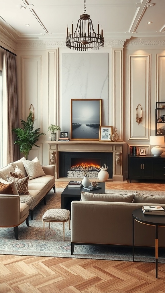 A cozy luxury living room featuring elegant furniture, a stylish chandelier, and personalized decor.