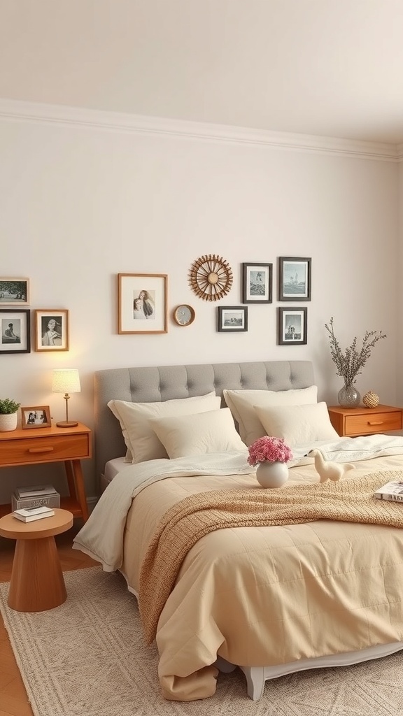 A cozy bedroom with soft bedding, warm lighting, and personalized decor elements.