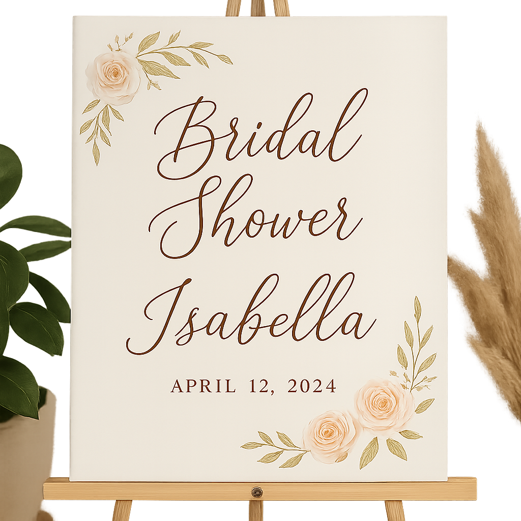 Bridal shower welcome sign featuring the name Isabella and the date April 12, 2024, with floral decorations.