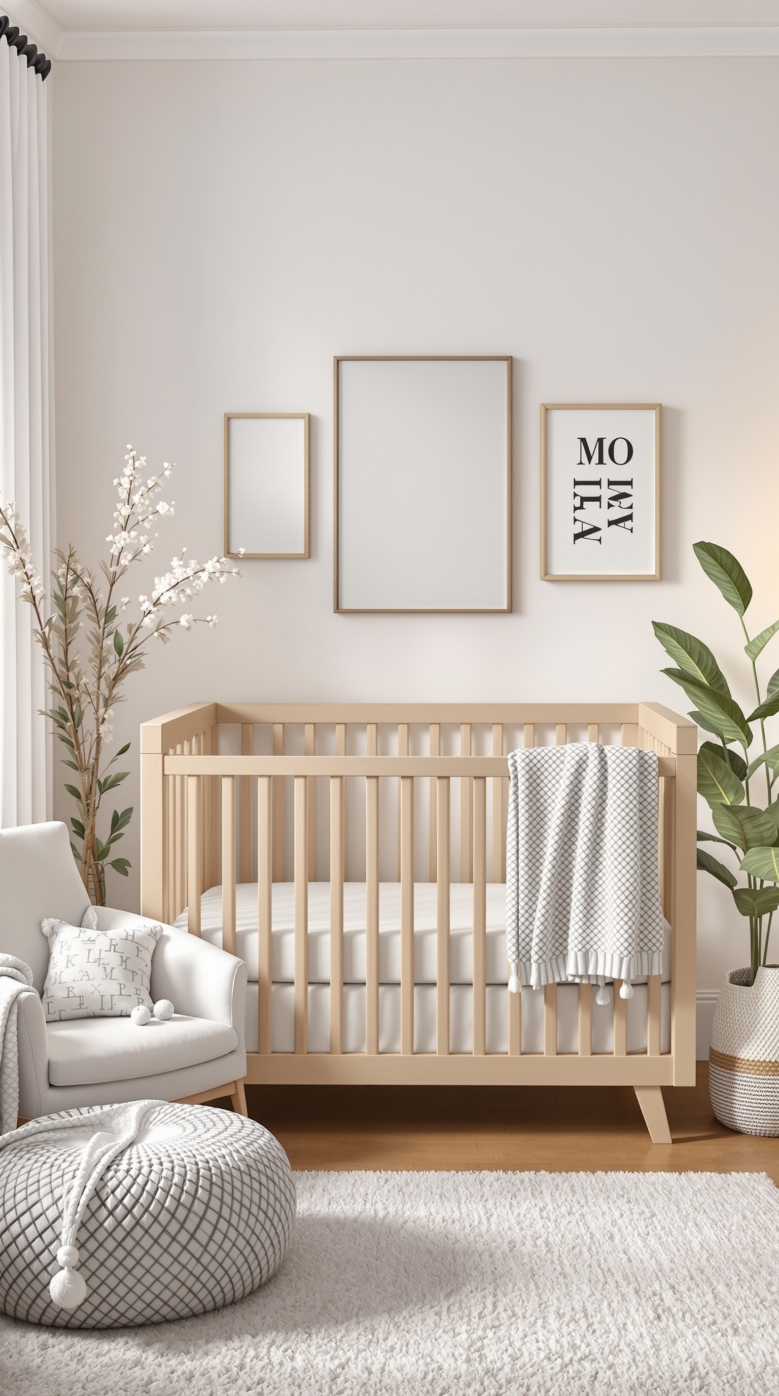 A neutral baby nursery featuring a wooden crib, soft textiles, and decorative elements.