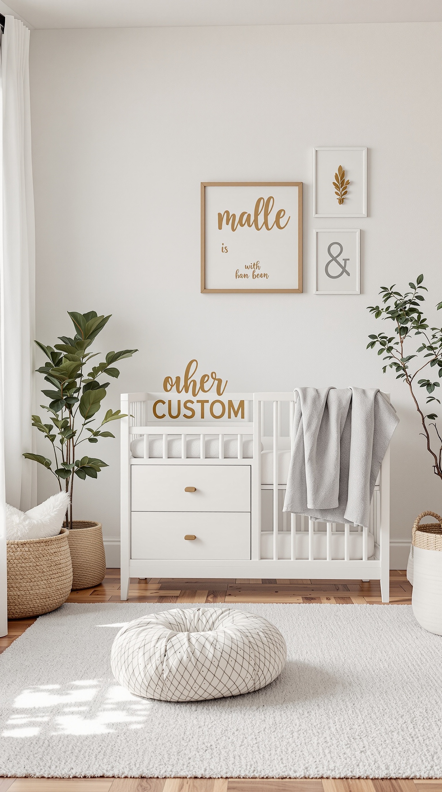 A cozy baby room featuring a crib, wall art, plants, and soft textures.