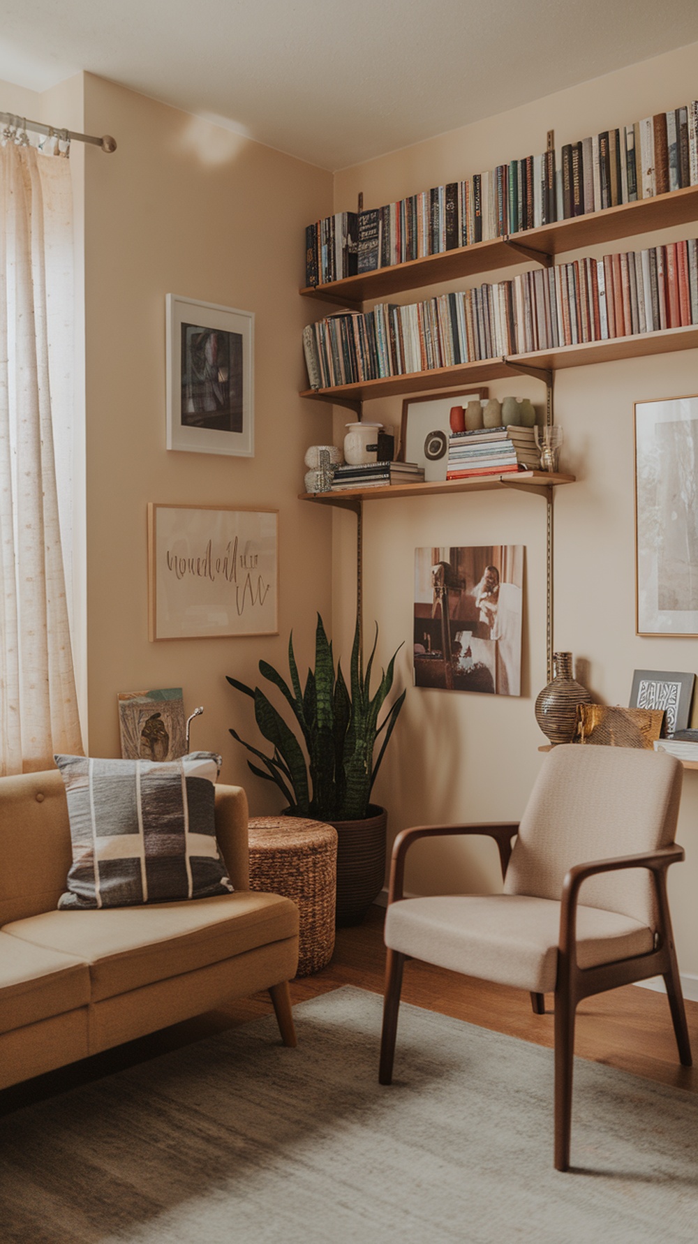 A cozy therapist office with bookshelves, plants, and comfortable seating.