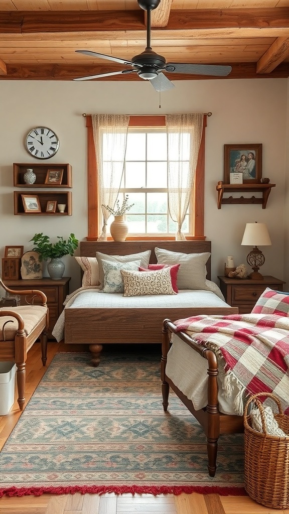 A rustic farmhouse bedroom with wooden furniture, plaid bedding, and family photos.