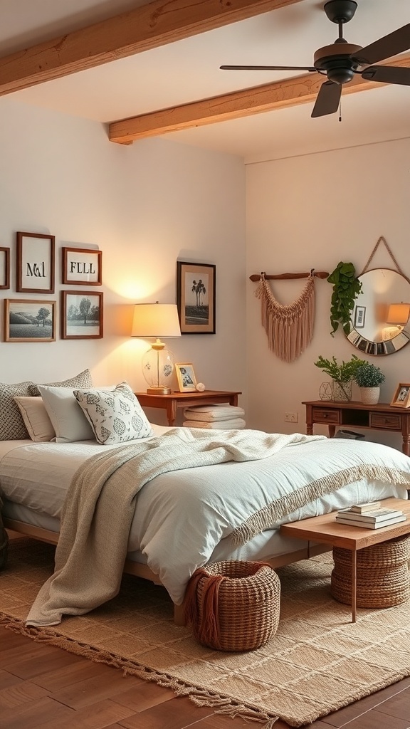 A cozy boho farmhouse bedroom with a bed, framed artwork, and natural elements.