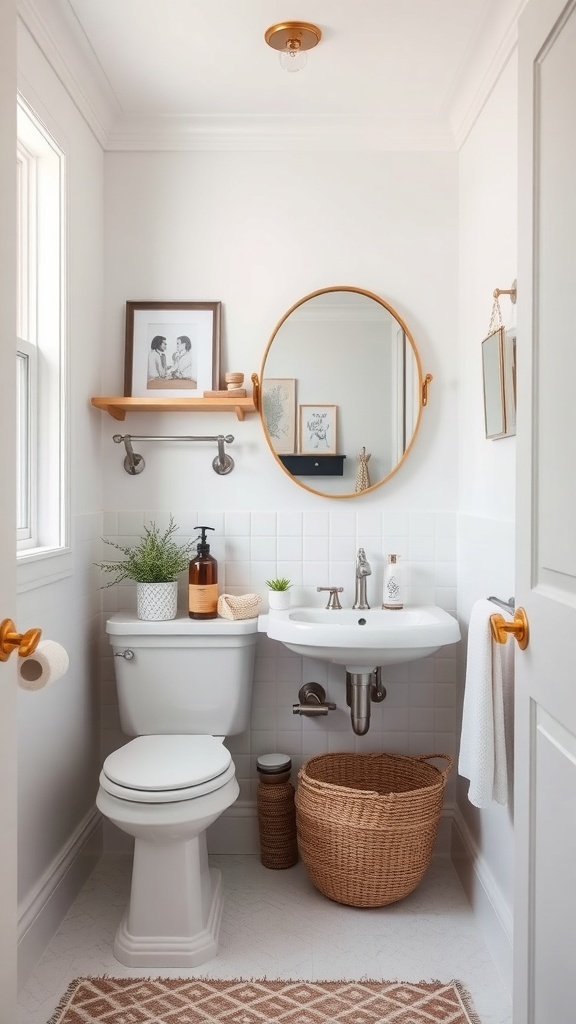 A small, stylish powder room featuring white walls, a round mirror, wooden shelf, and decorative plants.