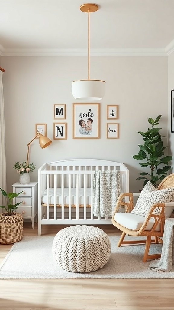 A cozy small nursery with framed pictures, a crib, a knitted pouf, and plants.