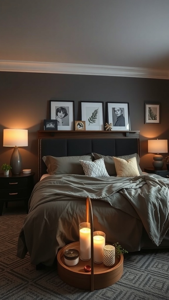 A dark romantic bedroom featuring a cozy bed with soft bedding, framed photos, and candles on a bedside table.