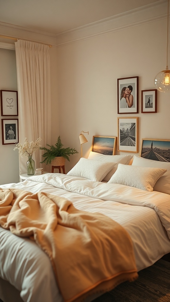 A cozy romantic bedroom with a bed, soft pillows, a warm blanket, framed photos on the wall, and a small plant.