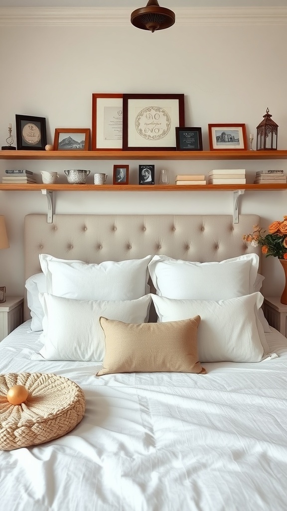 A cozy shabby chic bedroom with a bed adorned with white pillows and a decorative shelf above featuring framed pictures and a vase of flowers.
