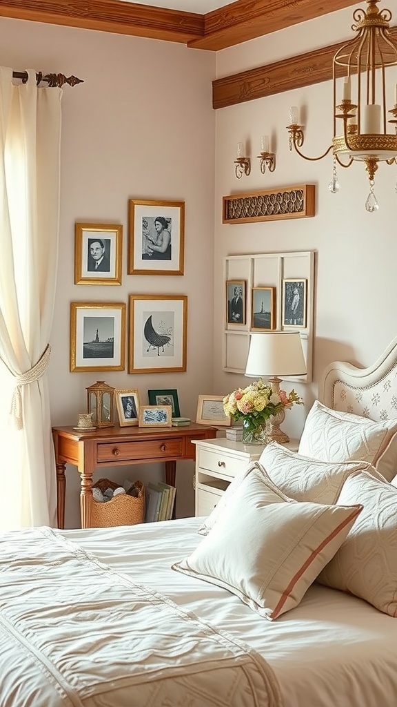A cozy romantic French bedroom with framed photos, soft pillows, and fresh flowers.