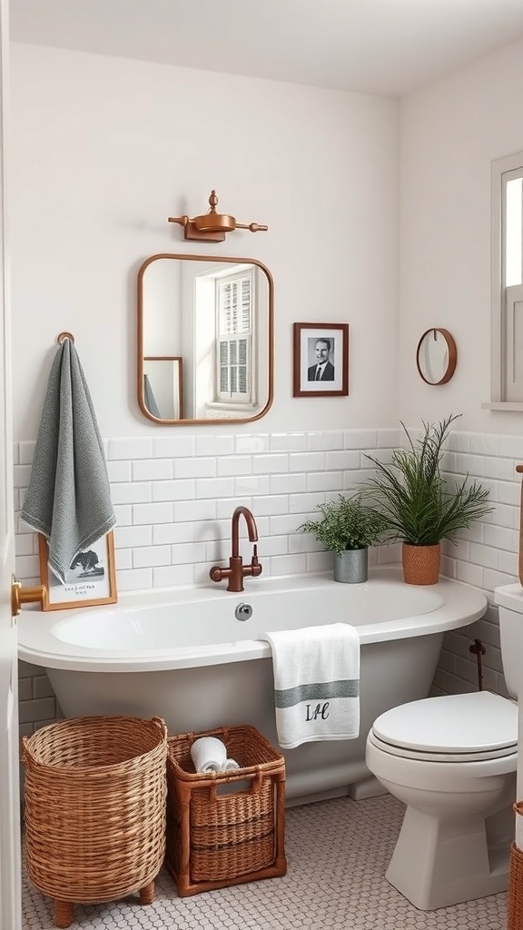 A cozy bathroom featuring a freestanding tub, warm fixtures, framed pictures, and woven baskets.