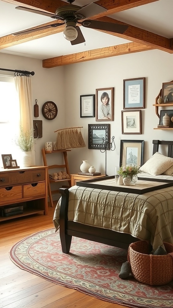 A rustic bedroom featuring wooden beams, framed art, and cozy decor.