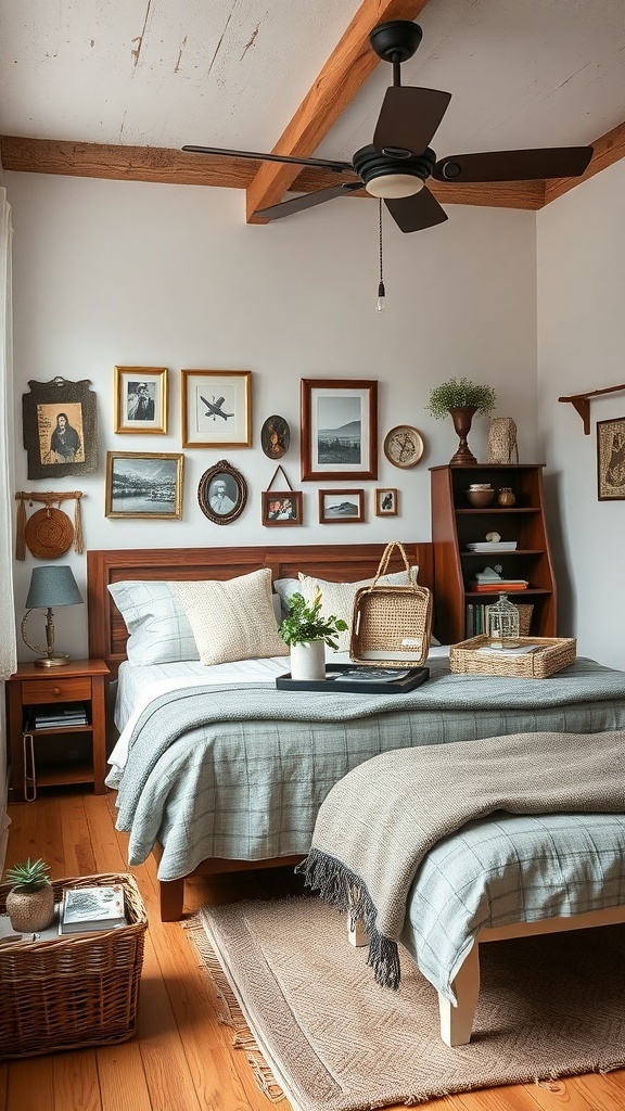A cozy rustic farmhouse bedroom featuring personalized decor, including framed photos and natural elements.