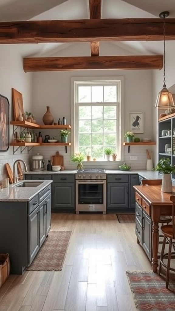 A rustic modern kitchen featuring wooden beams, open shelves with plants, and a blend of dark and light cabinetry.