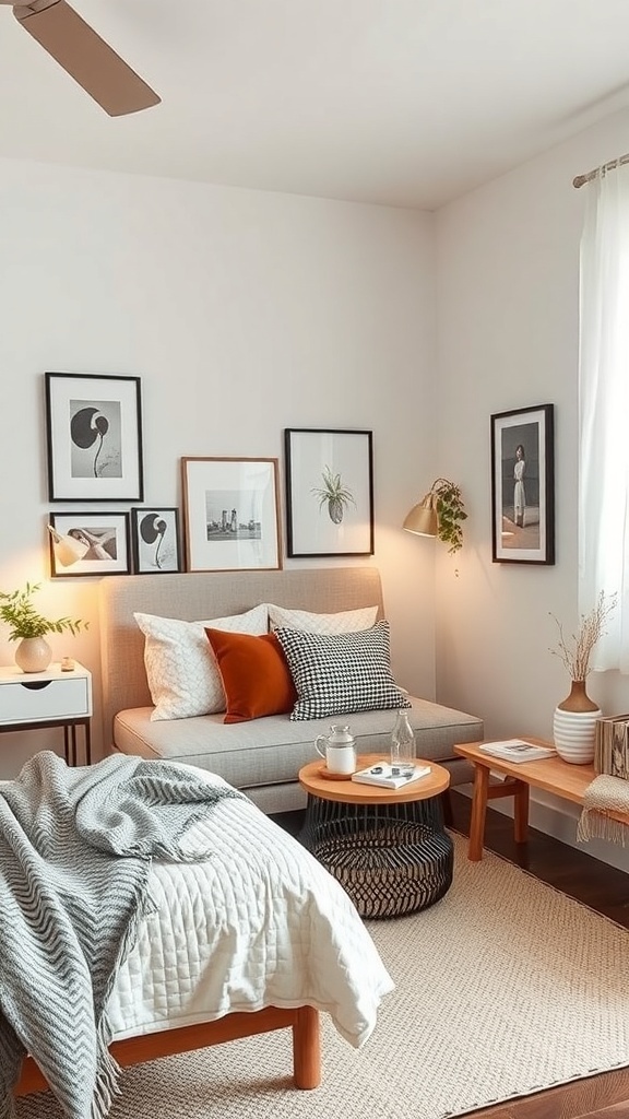 A clean girl bedroom featuring a cozy sofa, wall art, and plants, creating a stylish and personalized space.