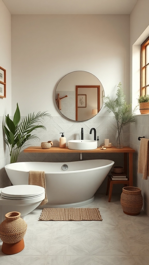 A stylish Japandi bathroom featuring a white bathtub, wooden accents, plants, and woven decor.
