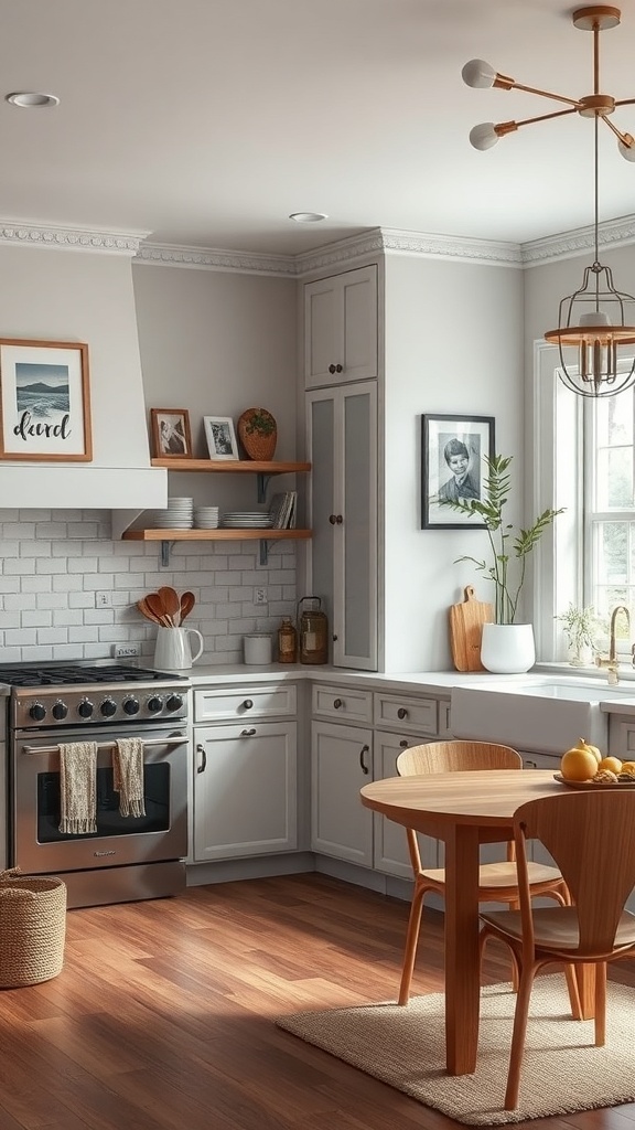 A modern kitchen with wooden accents, open shelving, and a round dining table.