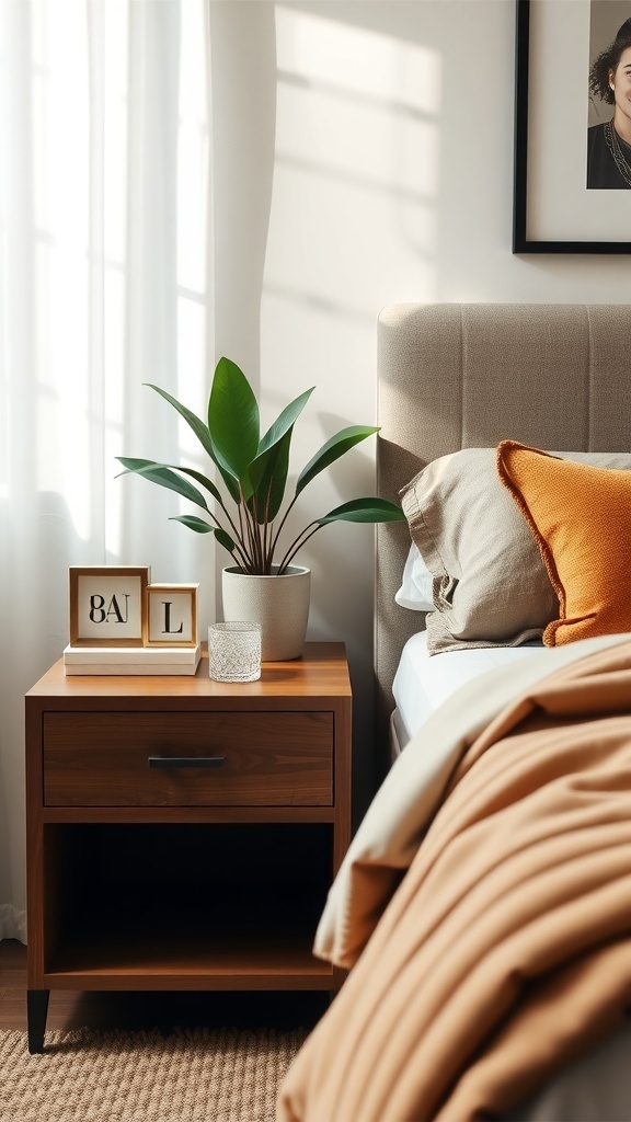 A cozy nightstand with a plant, decorative frames, and warm bedding.