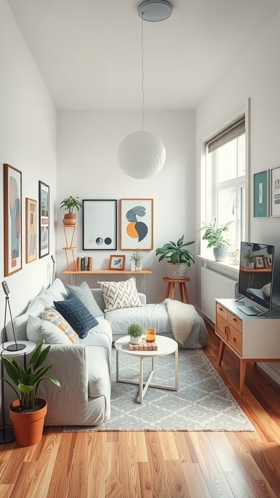 Cozy tiny studio apartment with light walls, wooden flooring, and decorative elements.