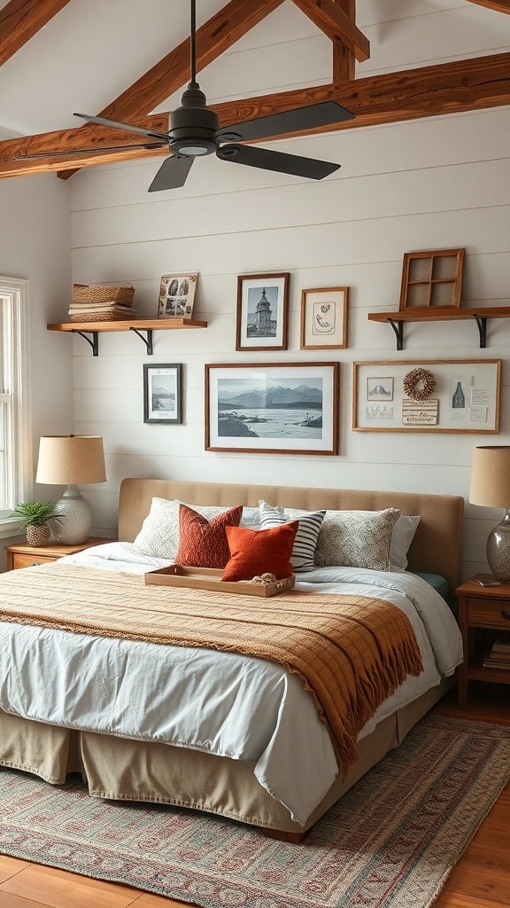 A cozy rustic farmhouse bedroom with wooden beams, a comfortable bed adorned with colorful pillows, and framed artwork on the walls.