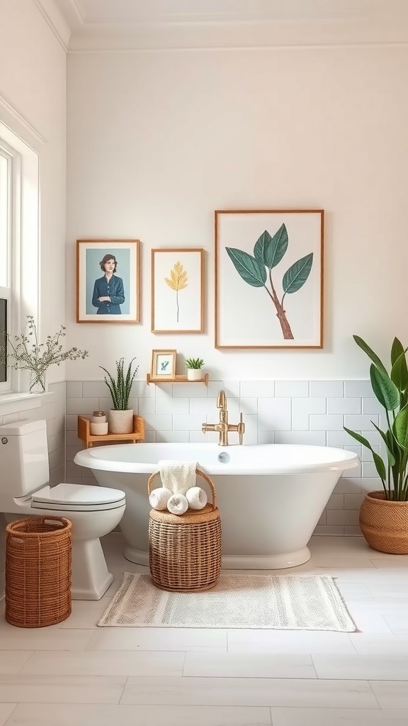 A bright and stylish bathroom featuring a freestanding tub, framed artwork, plants, and woven storage baskets.