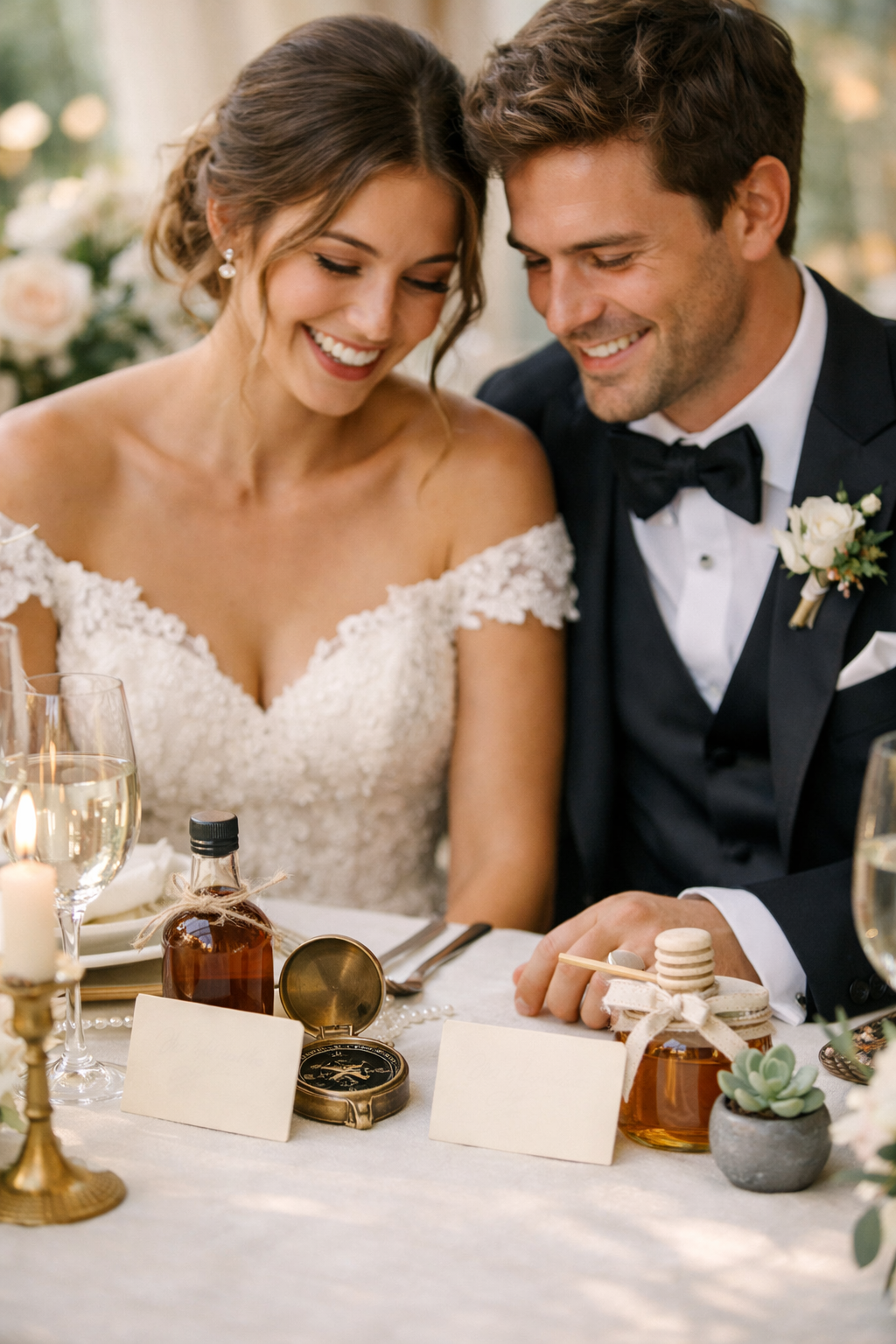Wedding couple smiling at a decorated table with personalized touches.