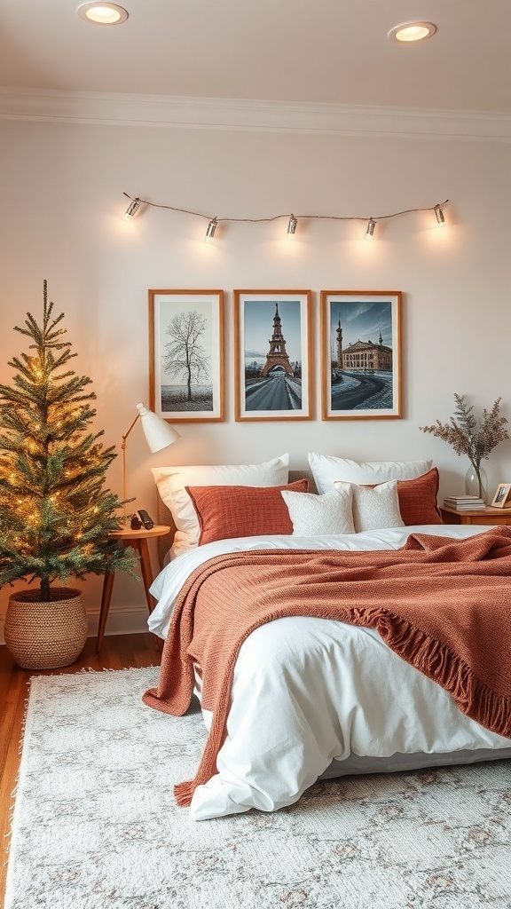 A cozy winter bedroom featuring a bed with warm blankets, framed artwork on the wall, and a small Christmas tree.