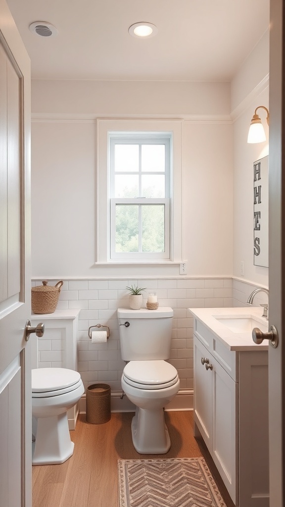 A bright and modern half bathroom featuring a window, white tiles, and stylish decor.