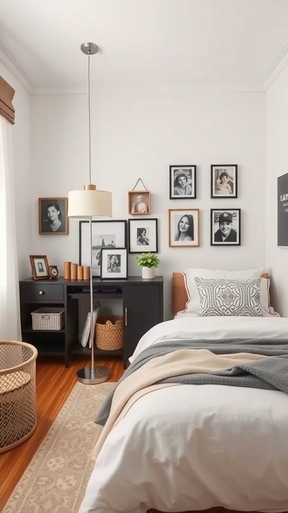 Cozy small guest bedroom with personalized decor including framed photos, a desk, and plants.
