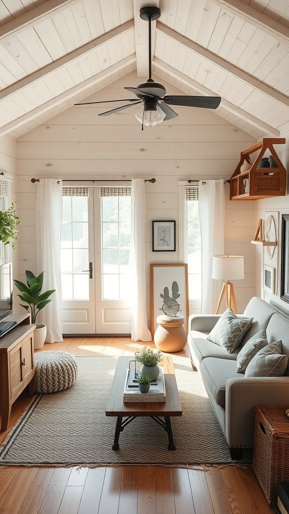 Cozy tiny cabin interior with light wood walls, a comfortable sofa, and DIY decor elements.