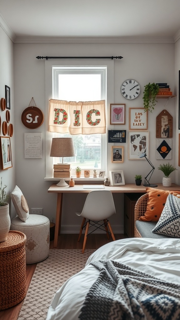 A cozy small bedroom with DIY decor, featuring a desk, plants, and framed art on the walls.