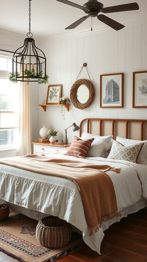 A vintage farmhouse bedroom featuring a cozy bed with decorative pillows, a hand-knit throw, framed artwork, and a vintage chandelier.