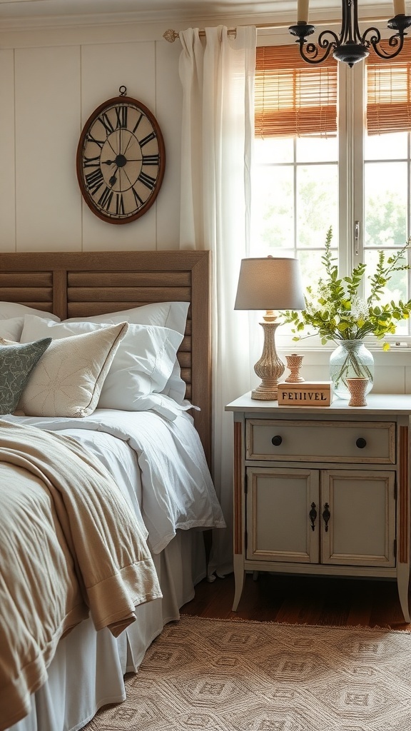 A cozy farmhouse bedroom featuring a vintage clock, soft bedding, and a rustic bedside table with a lamp and flowers.