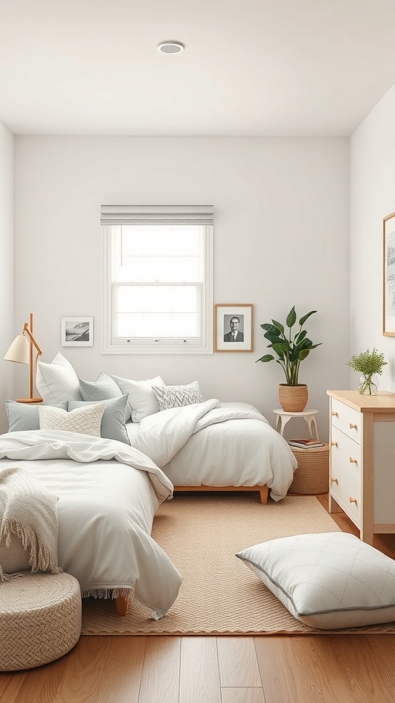 A minimalist teen bedroom featuring light colors, a cozy bed with pillows, framed photos on the wall, a plant, and a simple dresser.