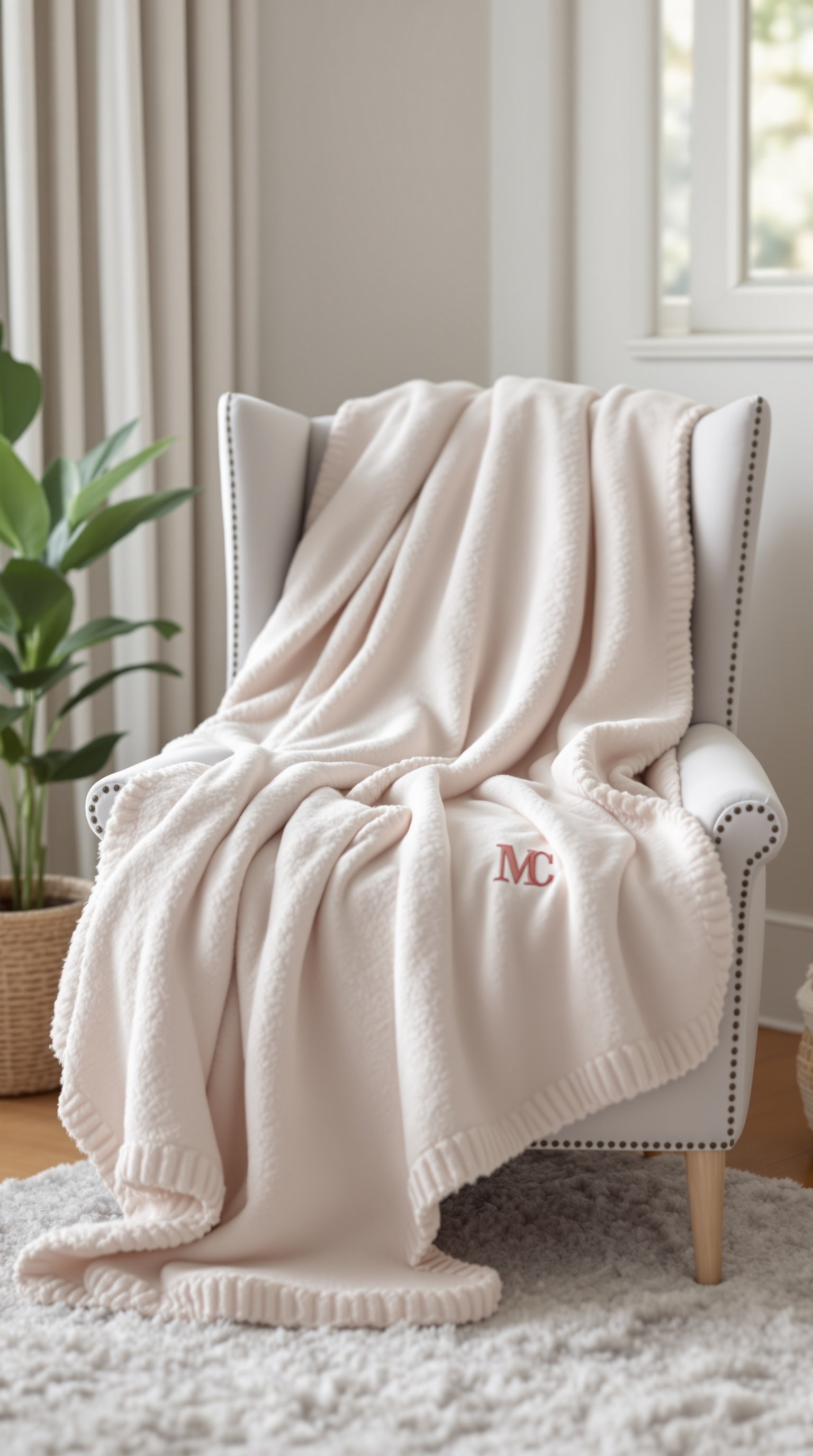 A cozy chair with a light pink monogrammed blanket draped over it, adding a personal touch to a baby room.