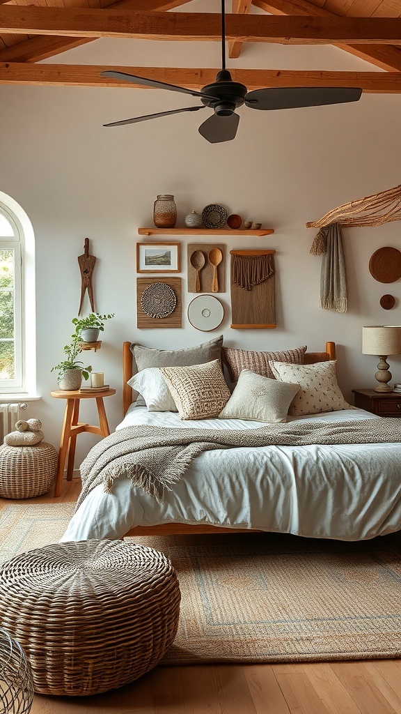 A cozy earthy bedroom featuring wooden beams, woven decor, and natural textures.