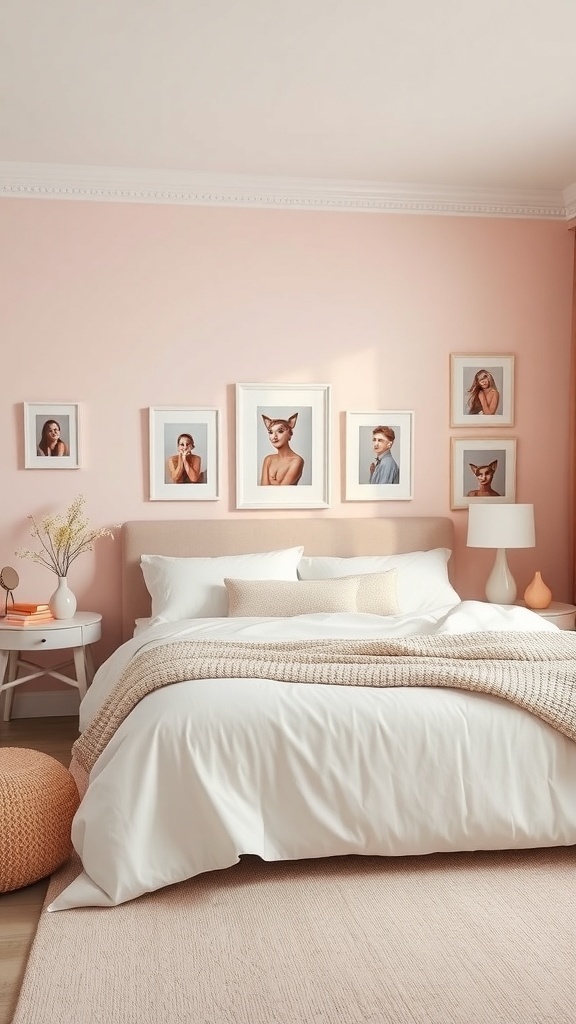 A pastel bedroom featuring pink walls, white bedding, and framed artwork.