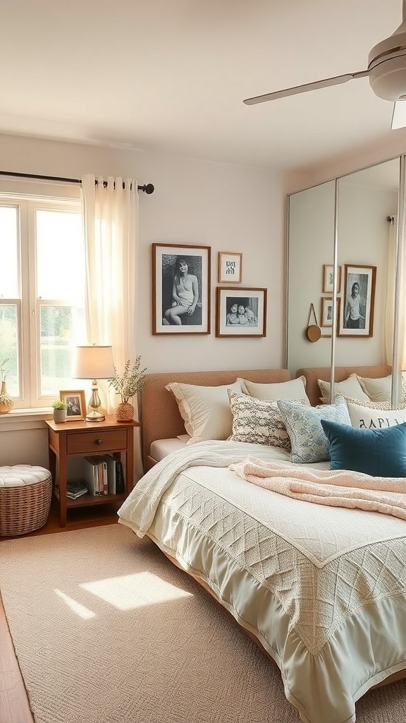 A cozy earthy bedroom featuring a bed with soft linens, framed photos on the wall, and a bedside table with a lamp.