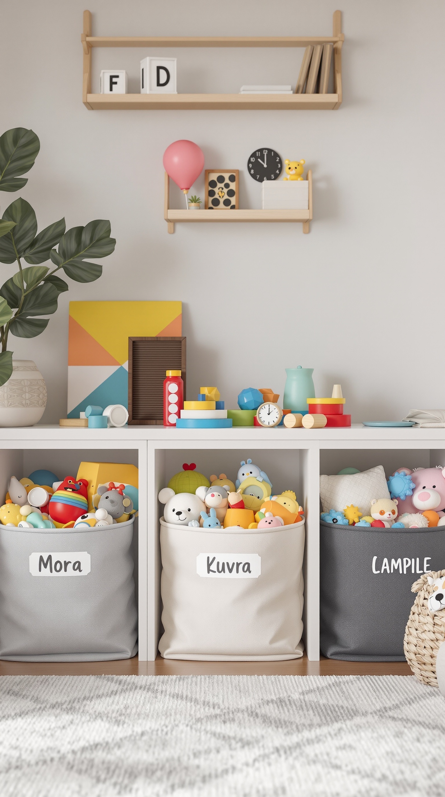 Personalized toy storage bins labeled with names, filled with colorful toys, in a bright playroom setting.